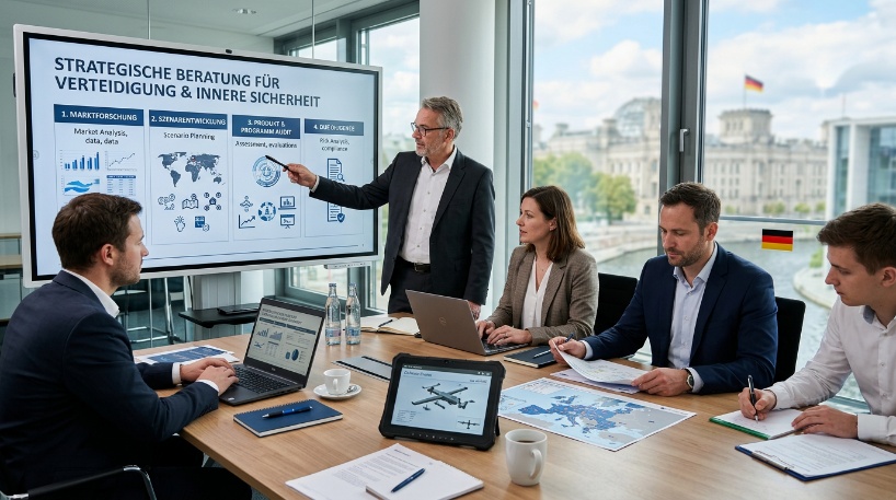 Ein professionelles Business-Meeting in einem modernen Konferenzraum mit Blick auf den Berliner Reichstag, bei dem eine Präsentation zum Thema „Strategische Beratung für Verteidigung & Innere Sicherheit“ gehalten wird.